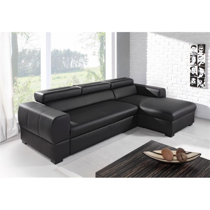 Canape D Angle Convertible Deaya Noir Avec Coffre Et Tetieres Ajustables